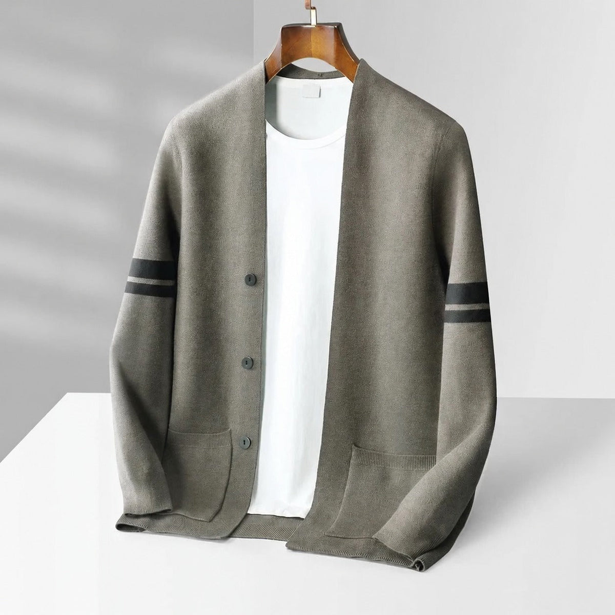 Men's cardigan with button placket - Contrast stripes, loose fit