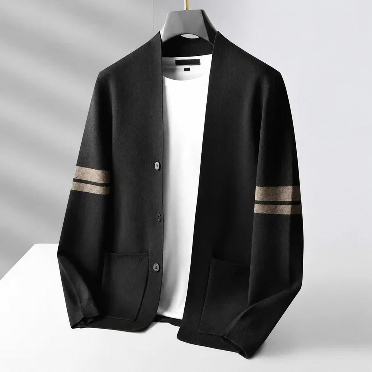 Men's cardigan with button placket - Contrast stripes, loose fit