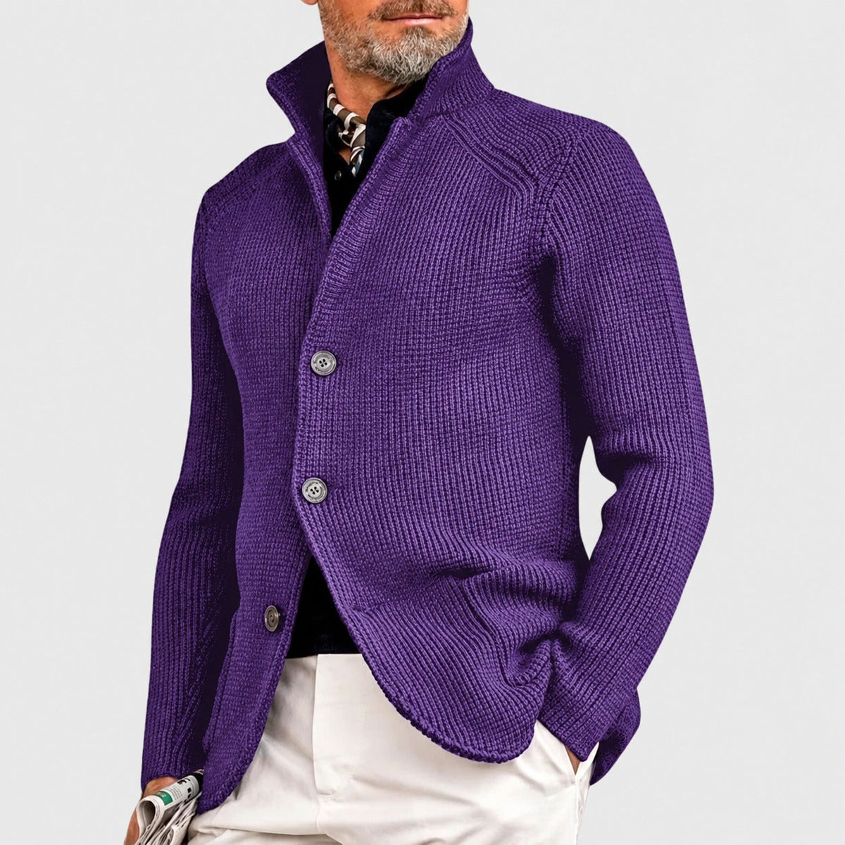 Men's Cardigan with Button Placket, Shawl Collar and Regular Cut