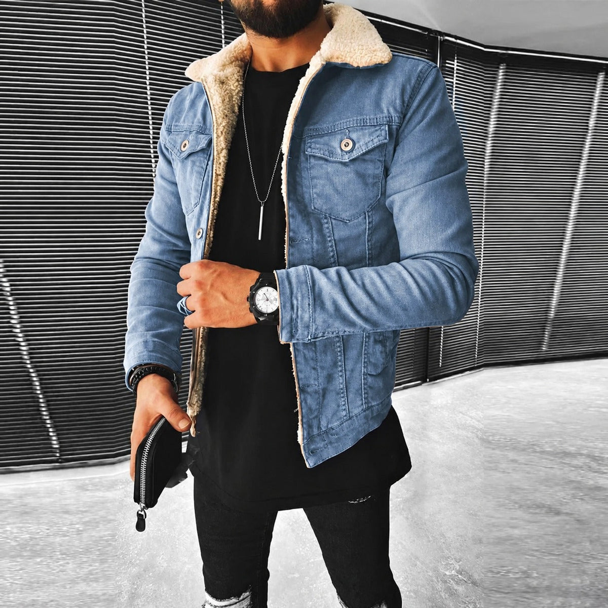 Men's Jacket - Fitted Design with Button Closure and Contrast Collar