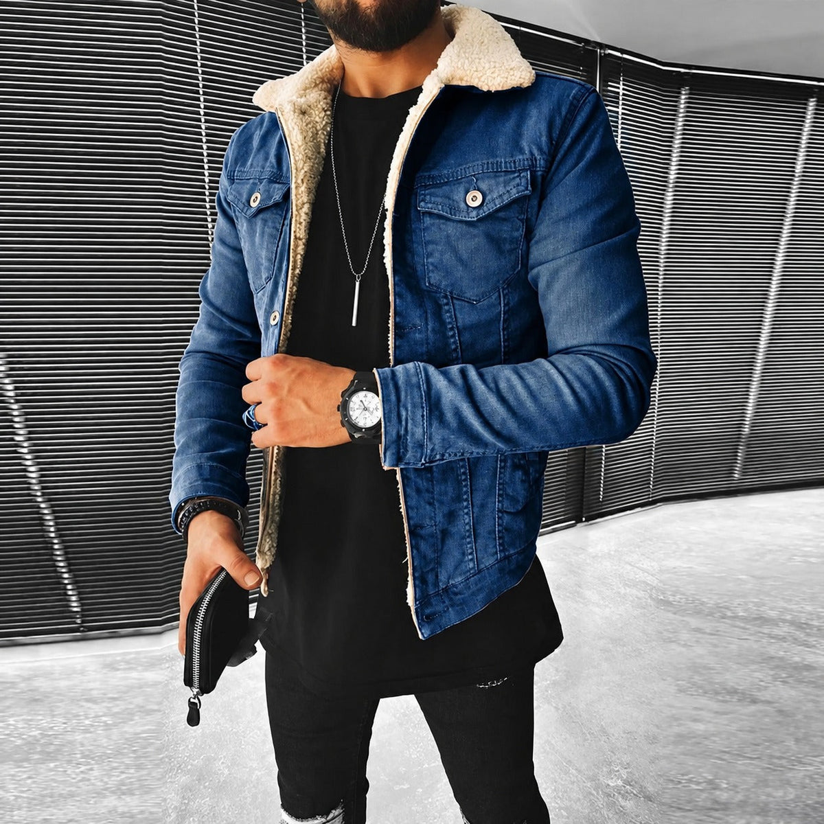 Men's Jacket - Fitted Design with Button Closure and Contrast Collar