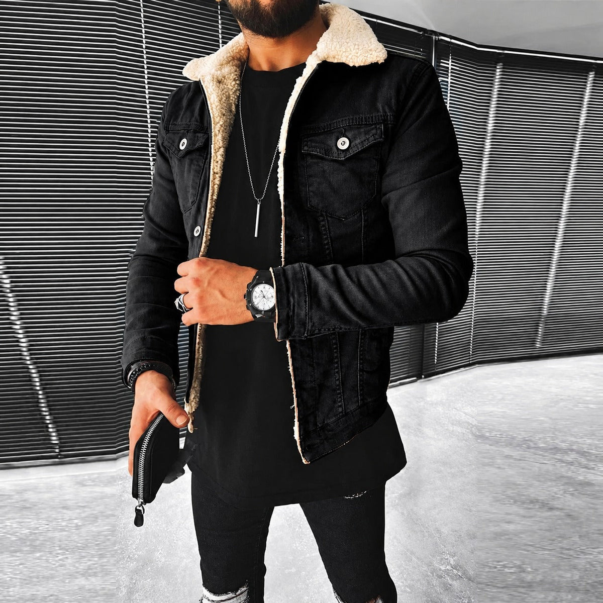 Men's Jacket - Fitted Design with Button Closure and Contrast Collar