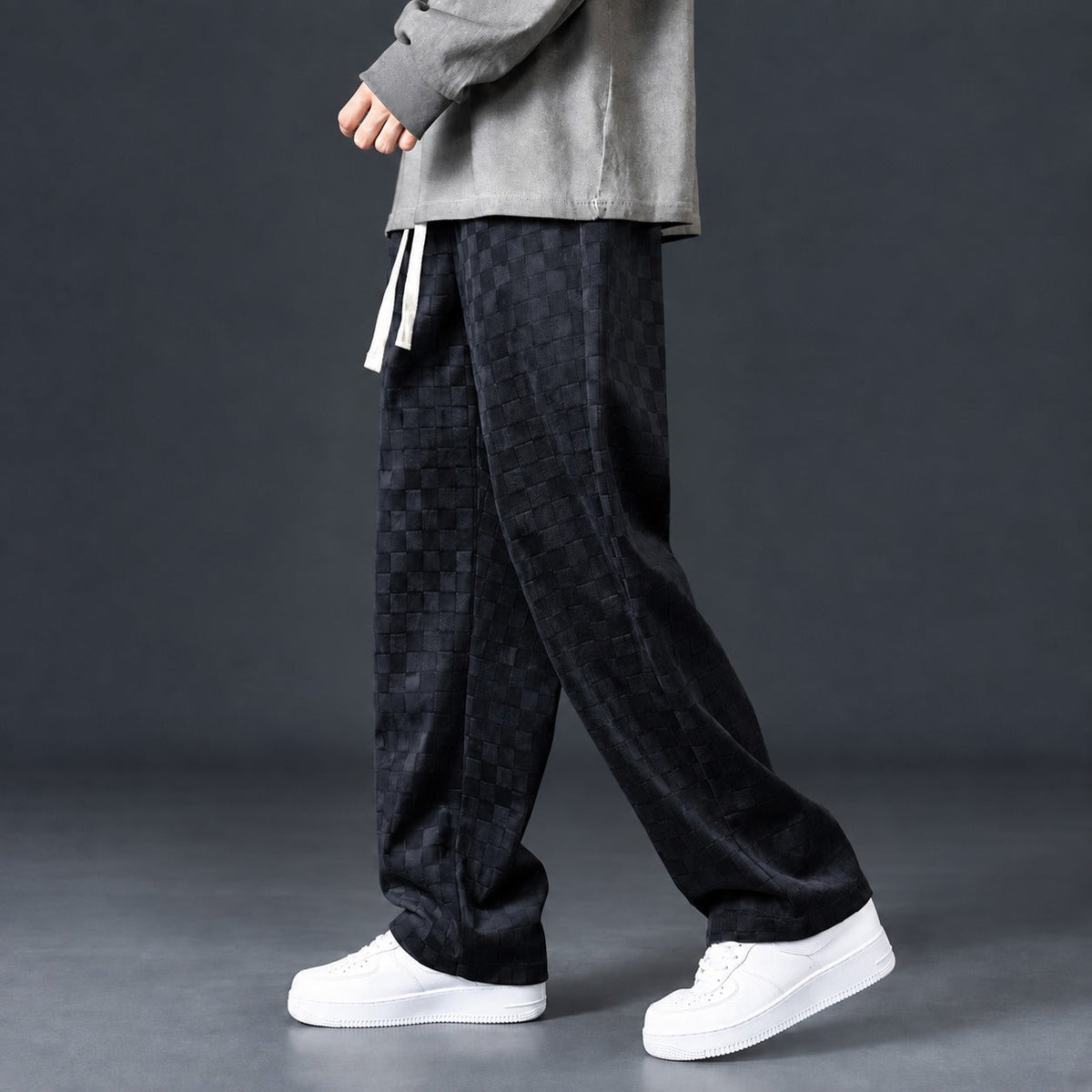 Men's Jogging Pants with Check Pattern Elastic Waistband Loose Fit
