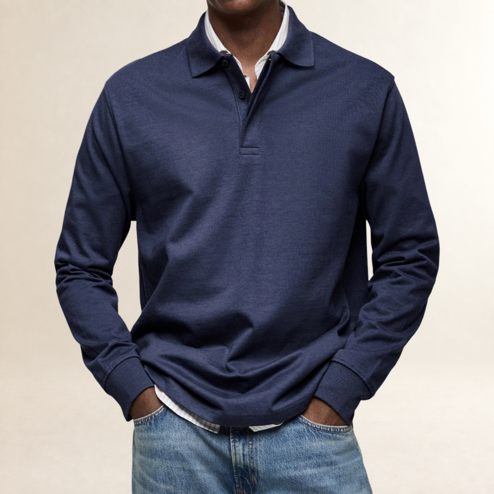 Men's Long Sleeve Polo Shirt - Classic Fit, Button Placket, Versatile