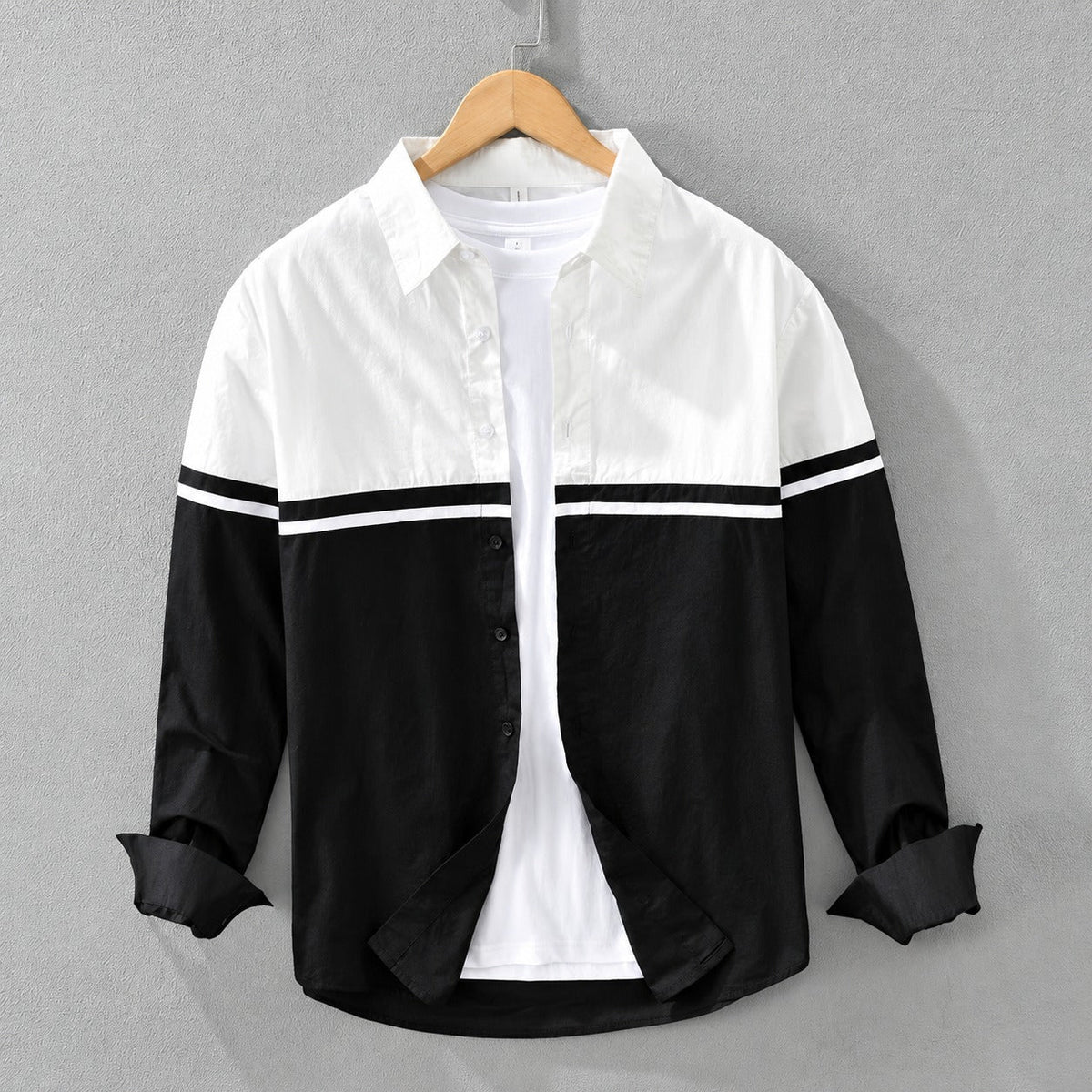 Men's Long Sleeve Shirt with Color Block Design Button Placket Regular Fit