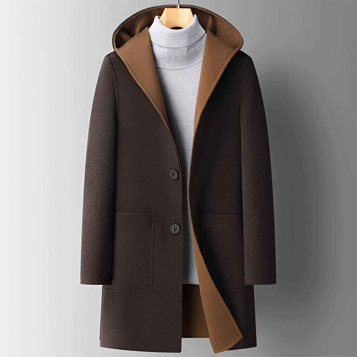Men's Coat - Hooded, Button Closure, Side Pockets, Regular Fit