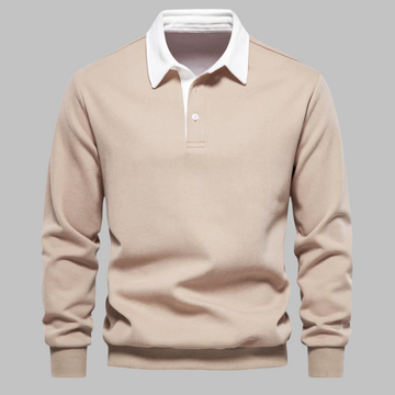 Men's polo collar sweater - Long sleeve, button placket, relaxed fit