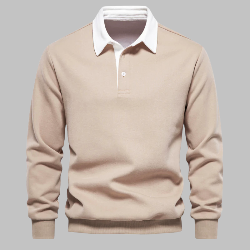 Men's polo collar sweater - Long sleeve, button placket, relaxed fit