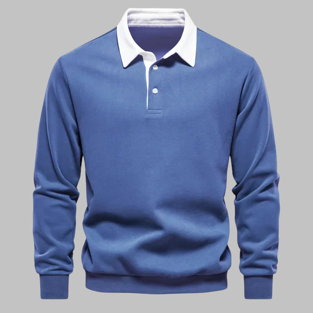 Men's polo collar sweater - Long sleeve, button placket, relaxed fit