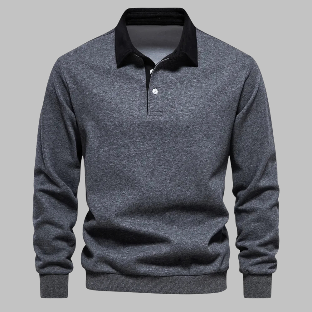 Men's polo collar sweater - Long sleeve, button placket, relaxed fit