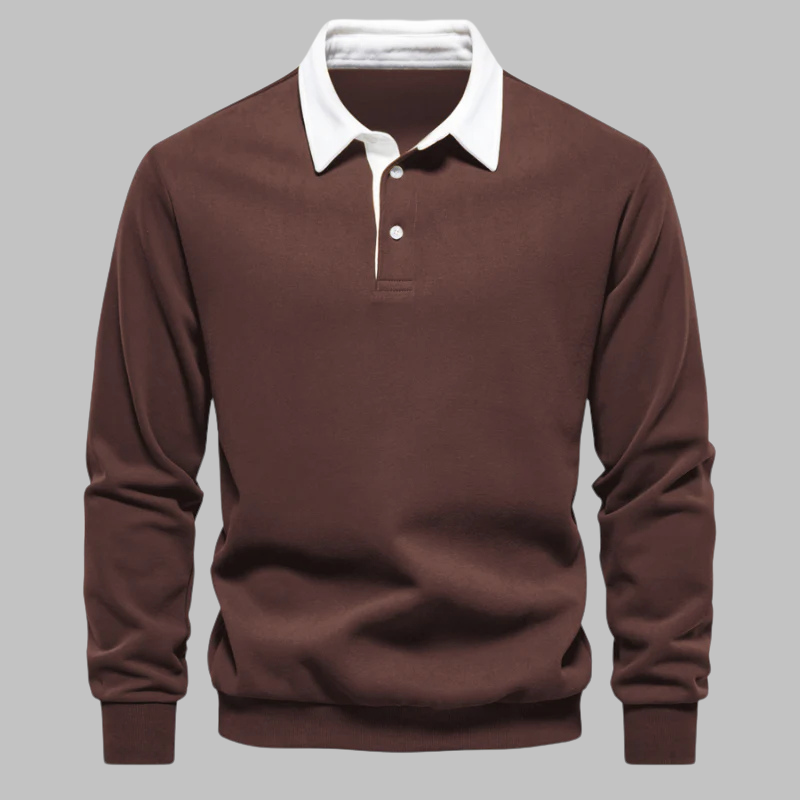 Men's polo collar sweater - Long sleeve, button placket, relaxed fit