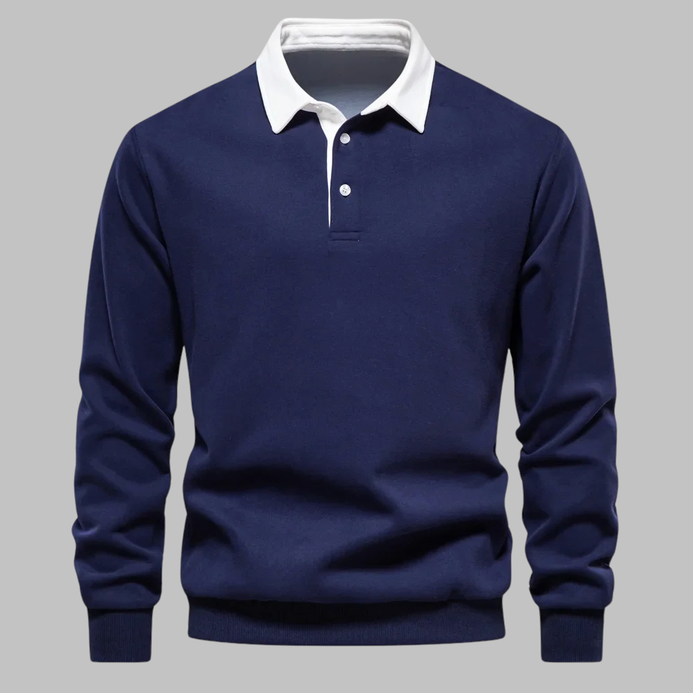 Men's polo collar sweater - Long sleeve, button placket, relaxed fit