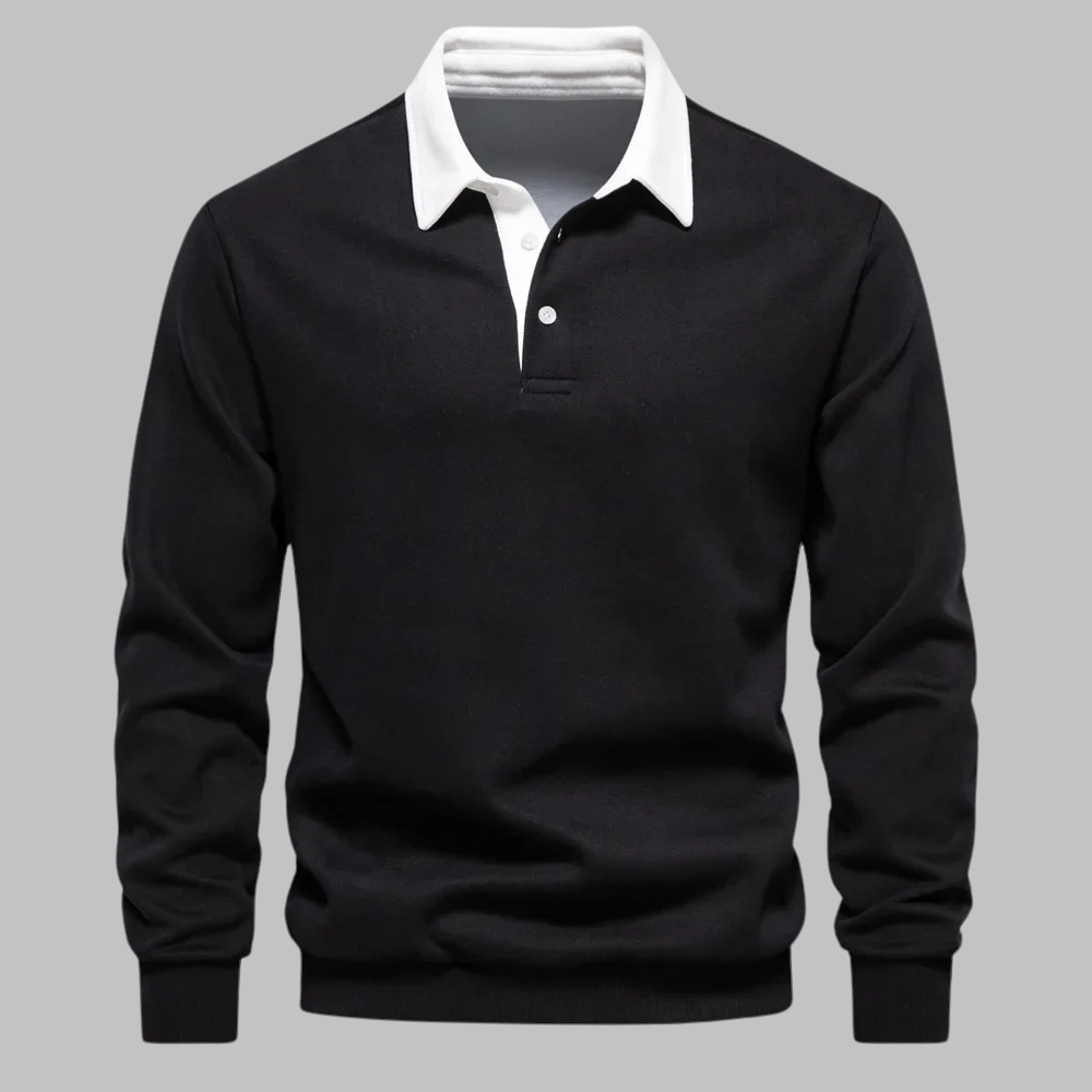 Men's polo collar sweater - Long sleeve, button placket, relaxed fit