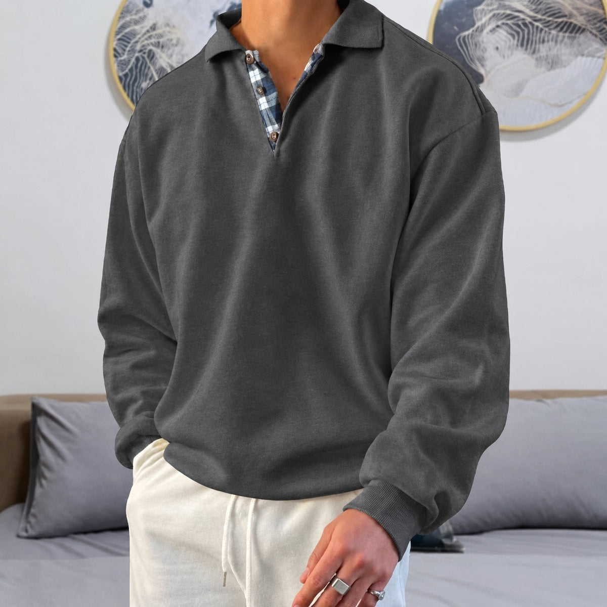 Men's Sweater - V-Neck with Long Sleeves and Collar