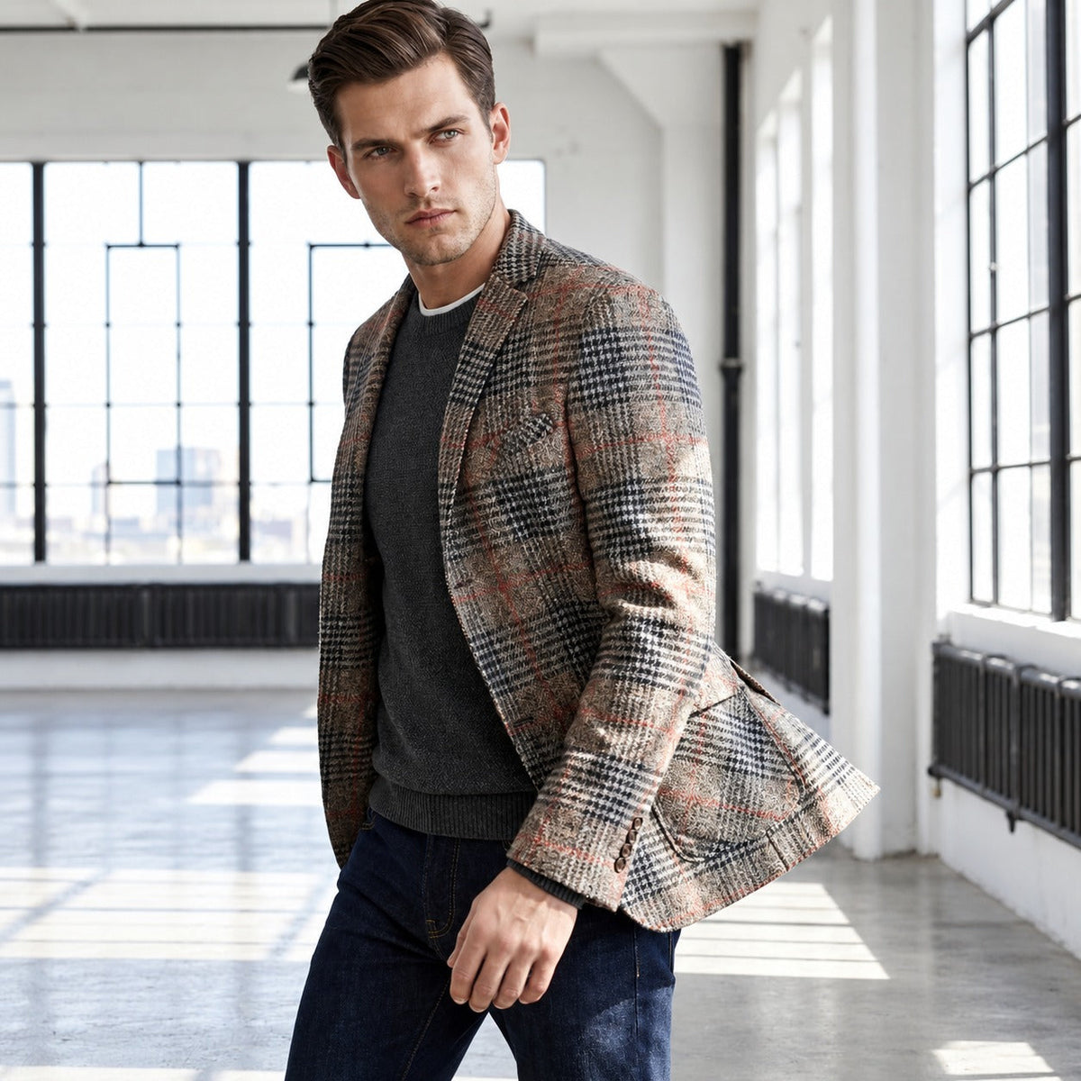 Men's blazer with Glen check pattern, loose fit, soft shoulder design