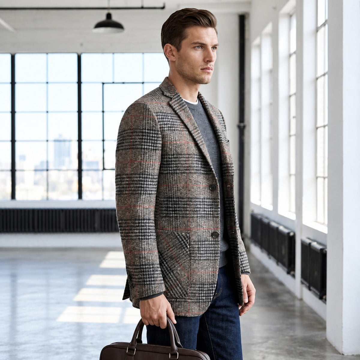 Men's blazer with Glen check pattern, loose fit, soft shoulder design