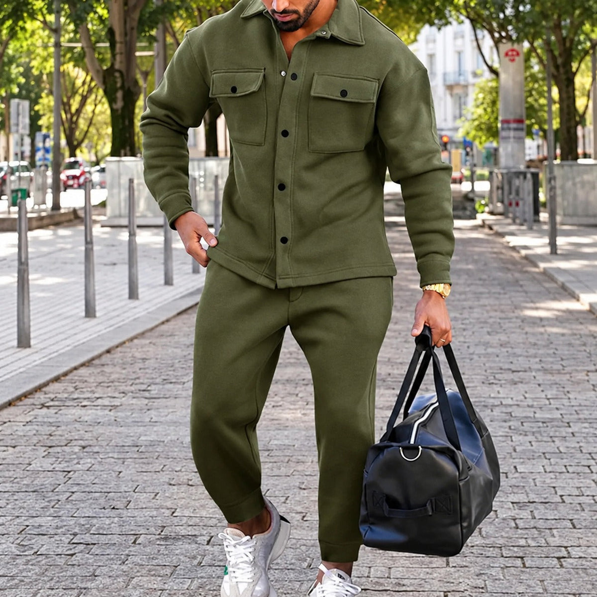 Men's Set with Casual Jacket with Button Placket and Jogging Pants with Elastic Waistband