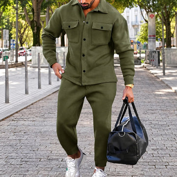 Men's Set with Casual Jacket with Button Placket and Jogging Pants with Elastic Waistband