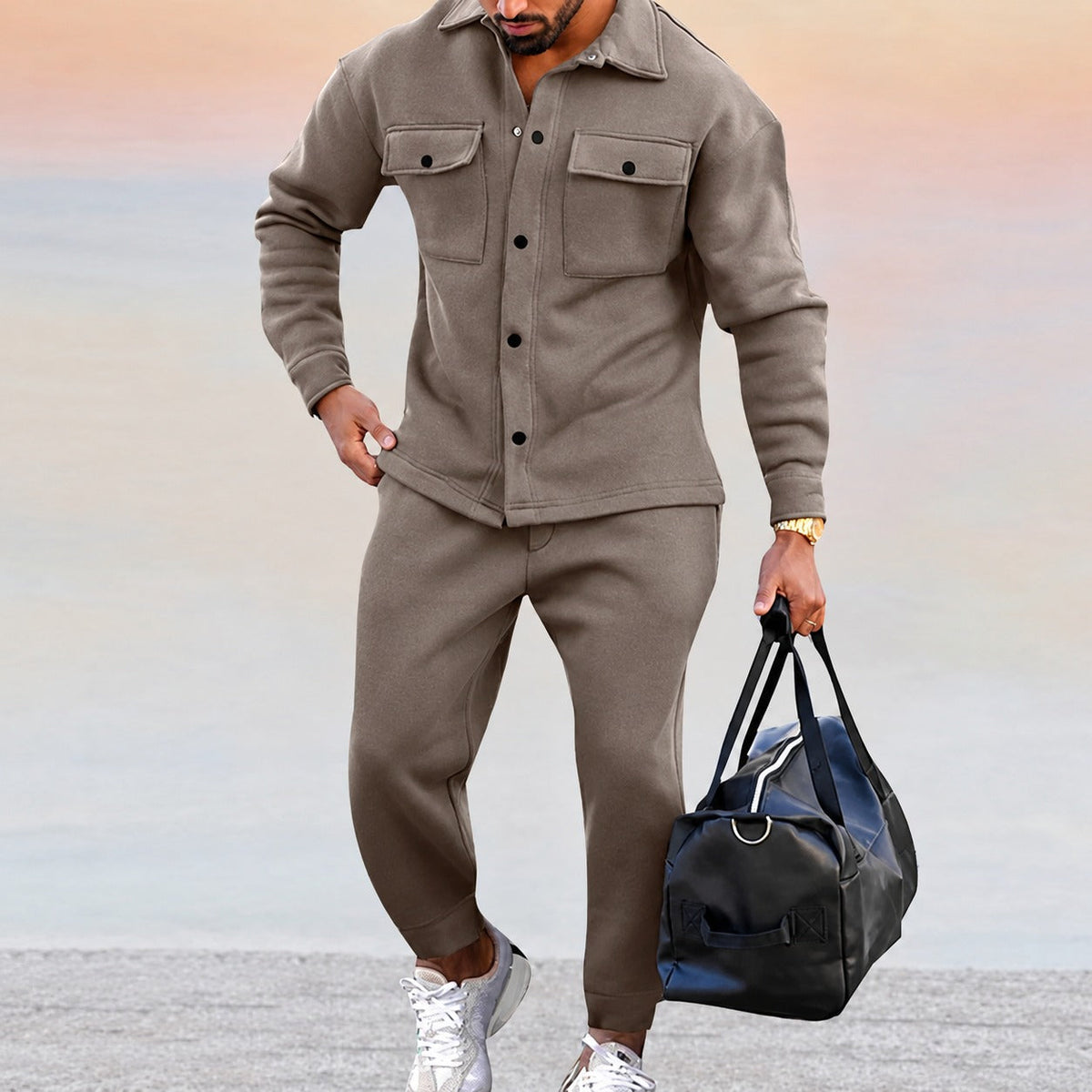 Men's Set with Casual Jacket with Button Placket and Jogging Pants with Elastic Waistband