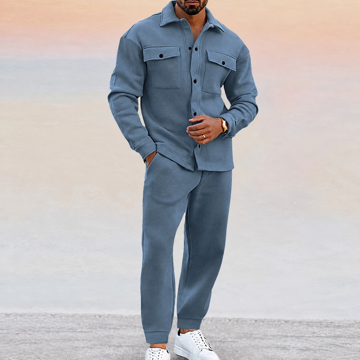 Men's Set with Casual Jacket with Button Placket and Jogging Pants with Elastic Waistband