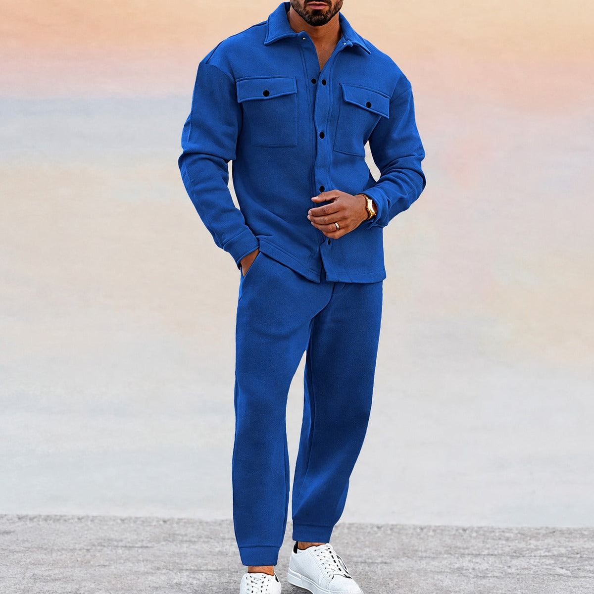 Men's Set with Casual Jacket with Button Placket and Jogging Pants with Elastic Waistband