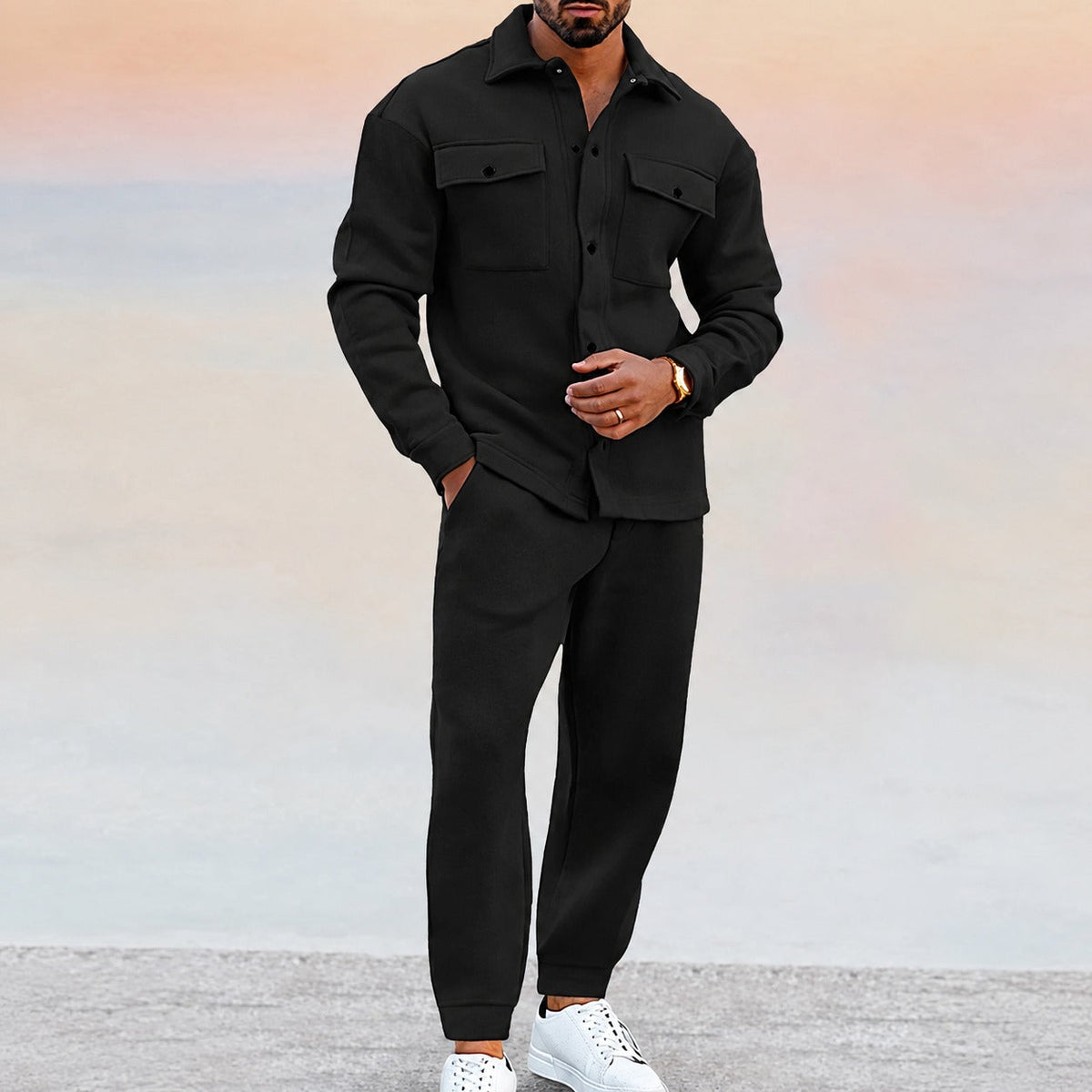 Men's Set with Casual Jacket with Button Placket and Jogging Pants with Elastic Waistband