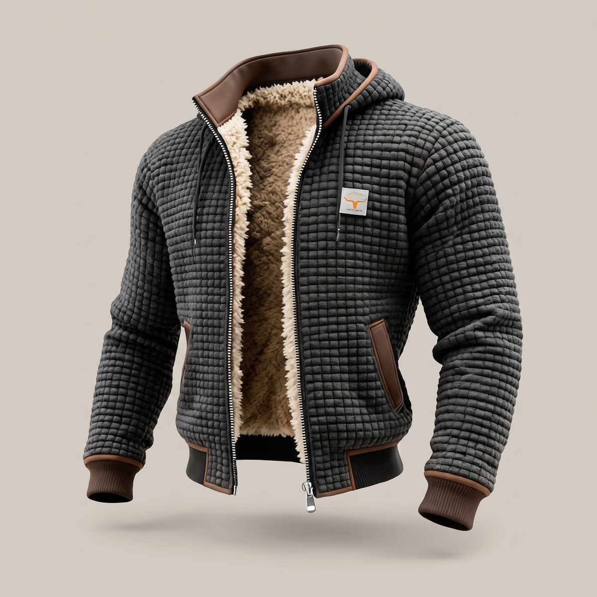 Men's Quilted Jacket - Hooded Jacket with Zipper and Contrast Details