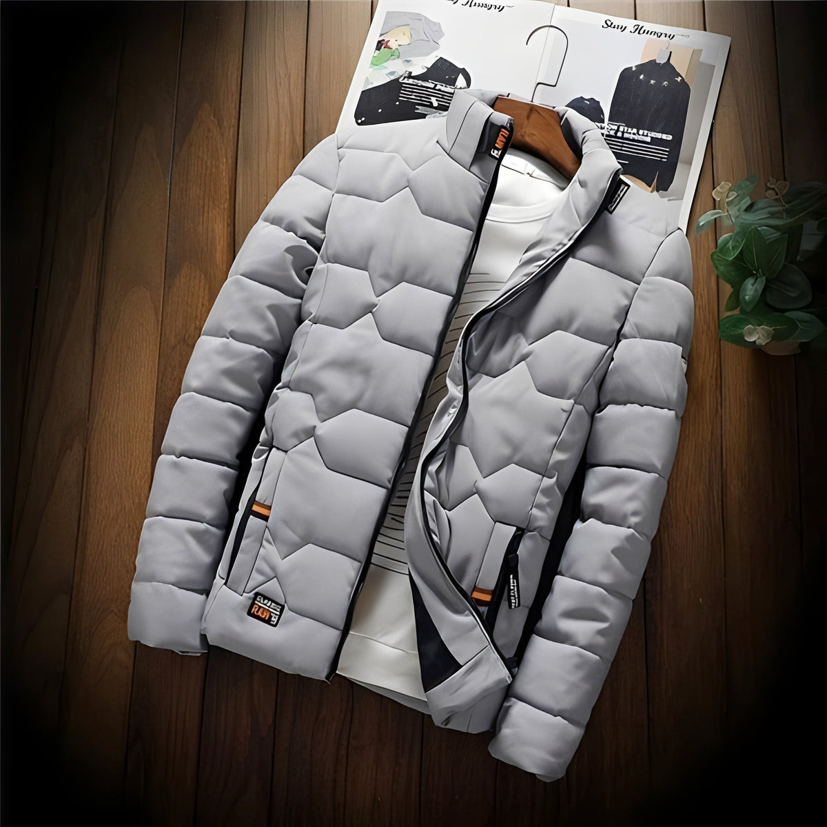 Men's Quilted Jacket with Geometric Quilting, Zipper Pockets and Stand-Up Collar