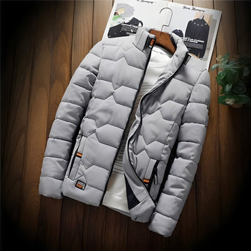 Men's Quilted Jacket with Geometric Quilting, Zipper Pockets and Stand-Up Collar