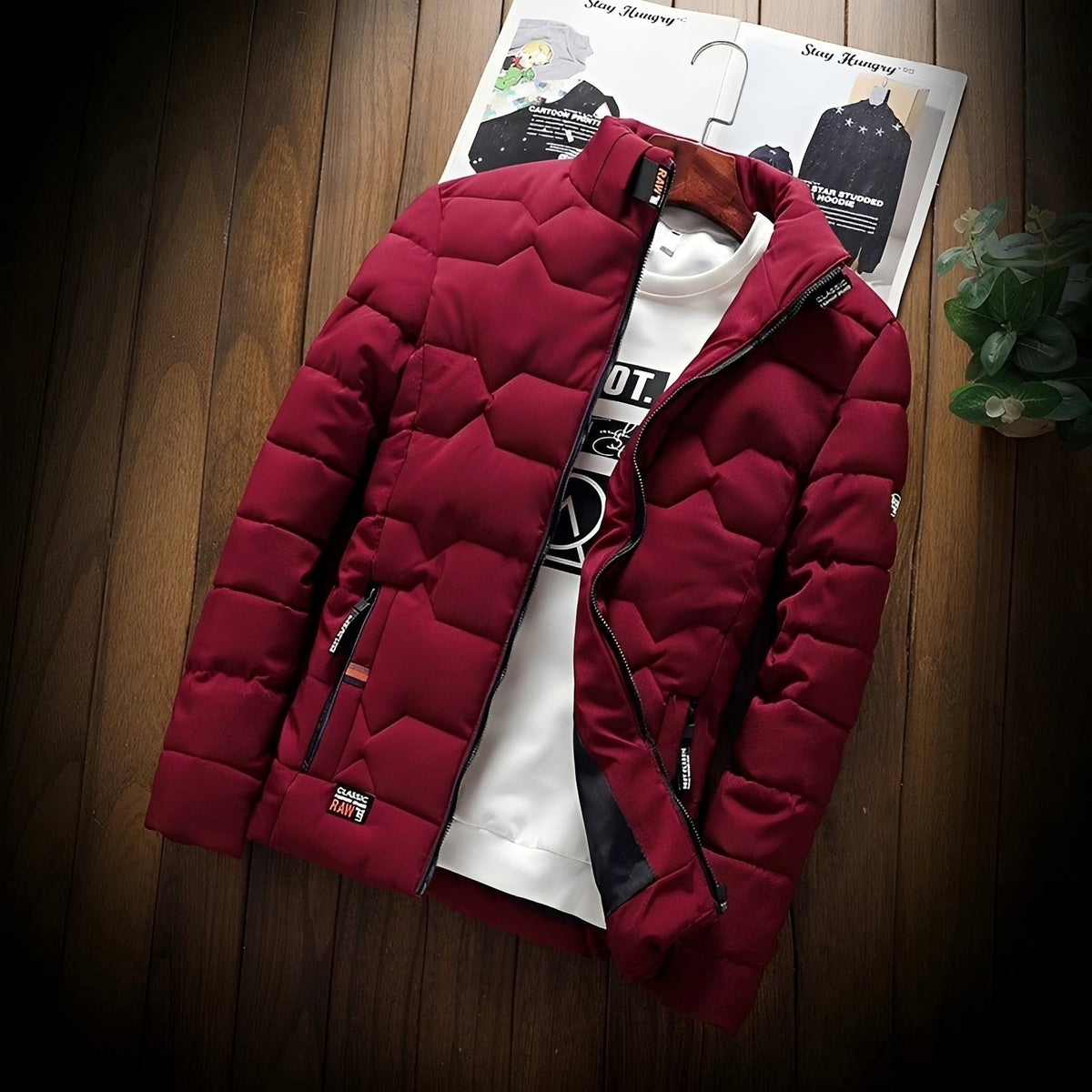 Men's Quilted Jacket with Geometric Quilting, Zipper Pockets and Stand-Up Collar