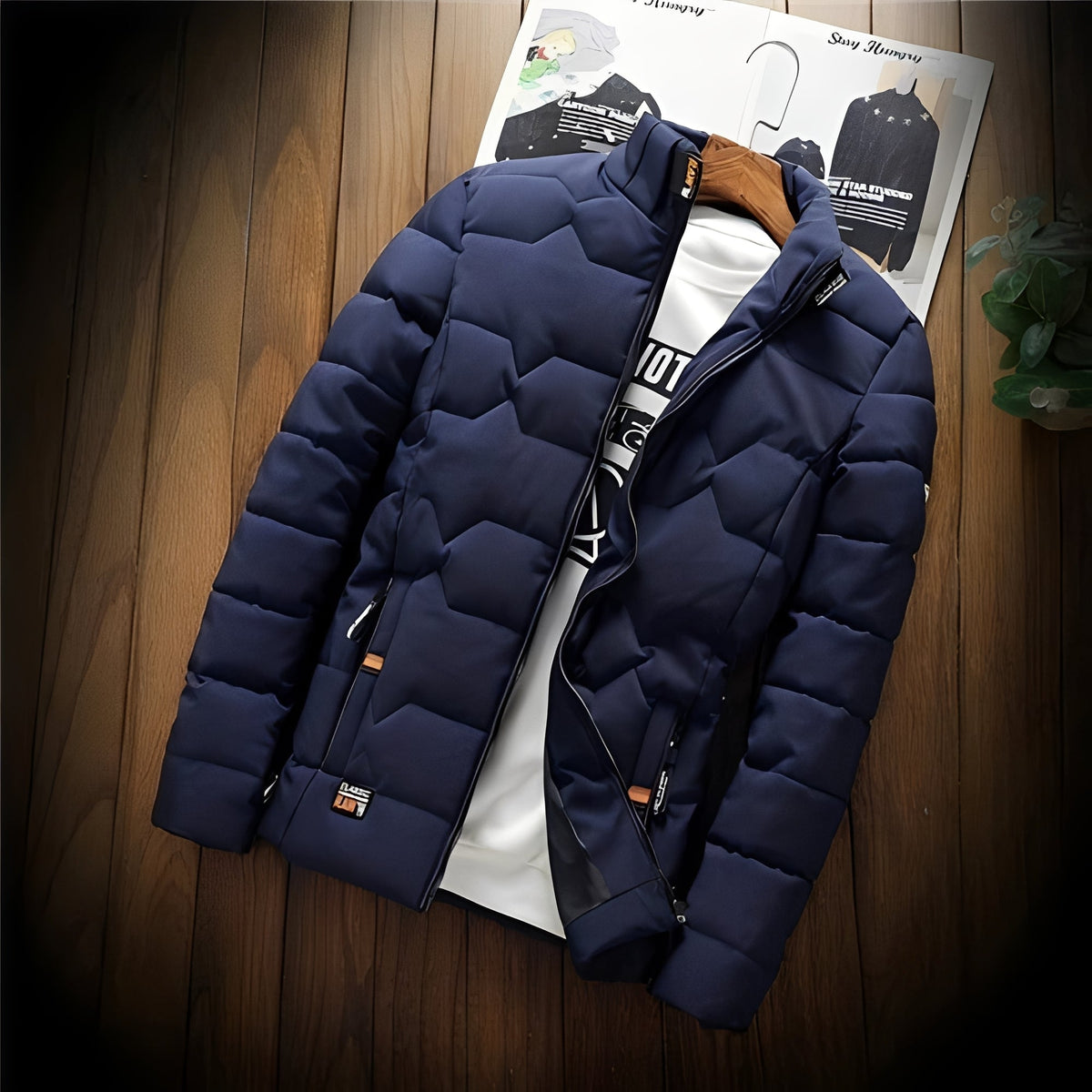Men's Quilted Jacket with Geometric Quilting, Zipper Pockets and Stand-Up Collar