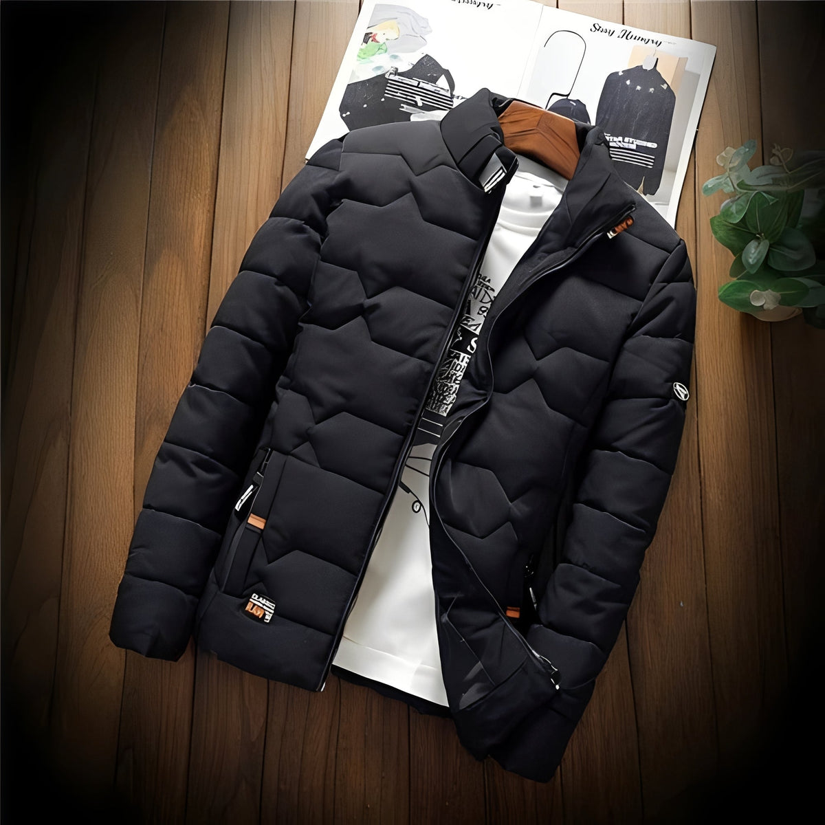 Men's Quilted Jacket with Geometric Quilting, Zipper Pockets and Stand-Up Collar