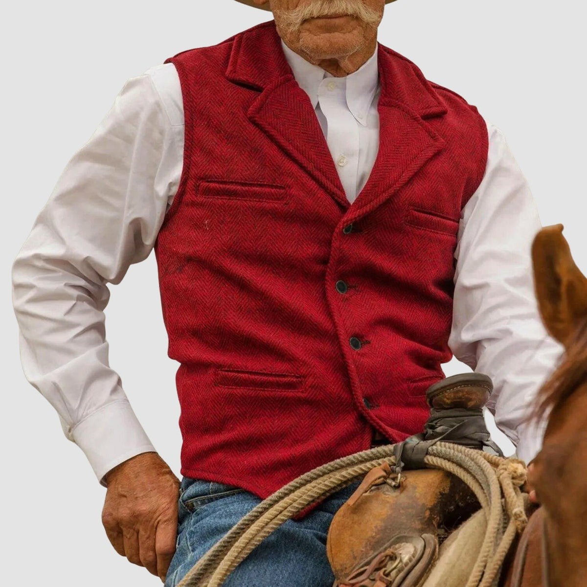 Men's Vintage Vest with Herringbone Pattern - Button Placket, Notched Lapel