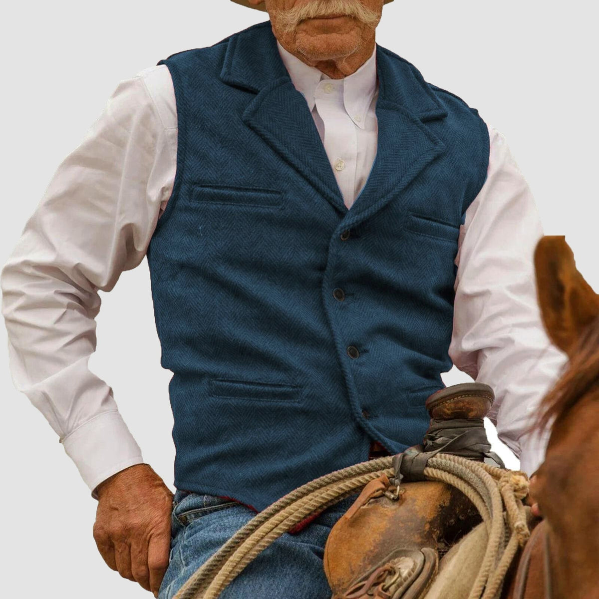 Men's Vintage Vest with Herringbone Pattern - Button Placket, Notched Lapel