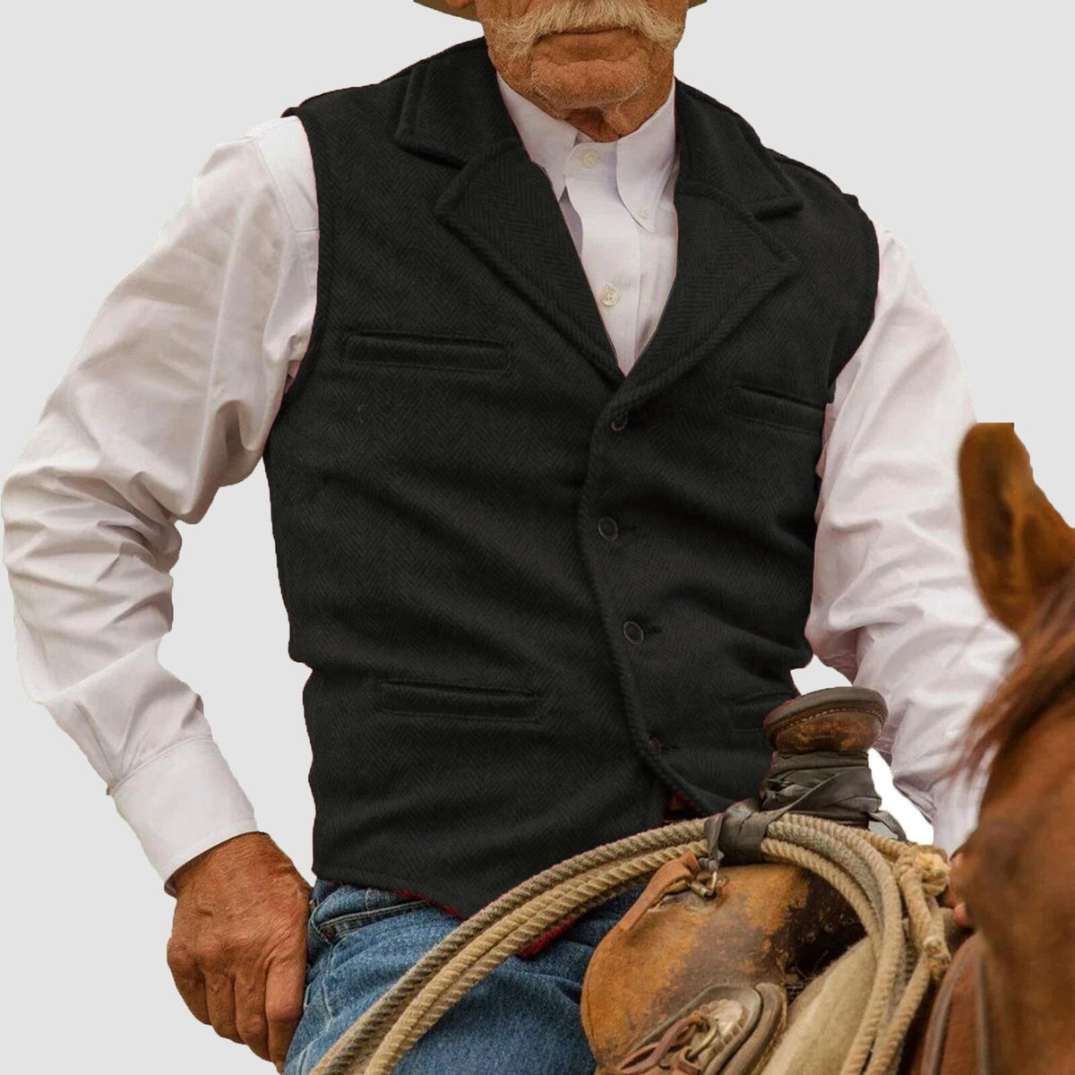 Men's Vintage Vest with Herringbone Pattern - Button Placket, Notched Lapel