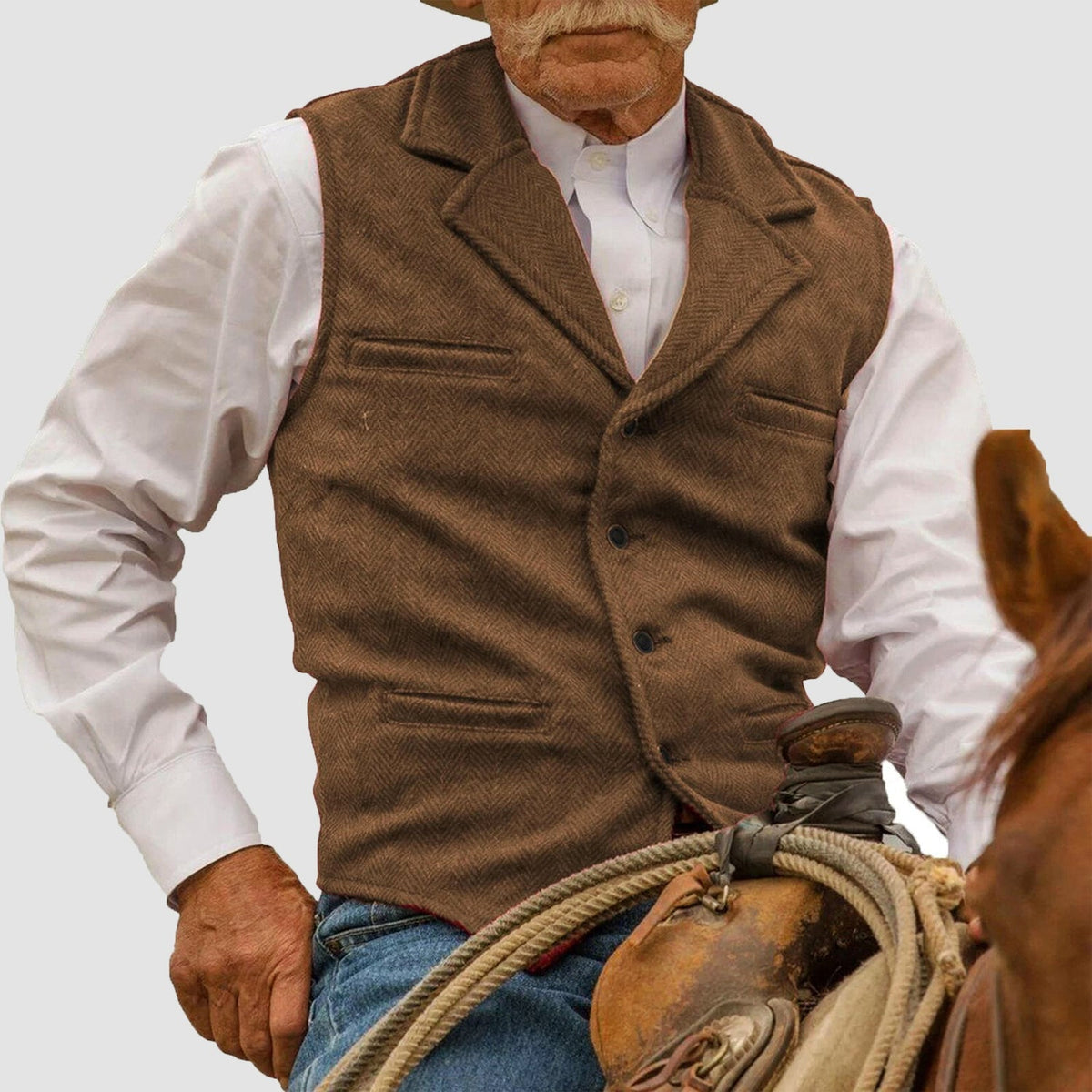 Men's Vintage Vest with Herringbone Pattern - Button Placket, Notched Lapel