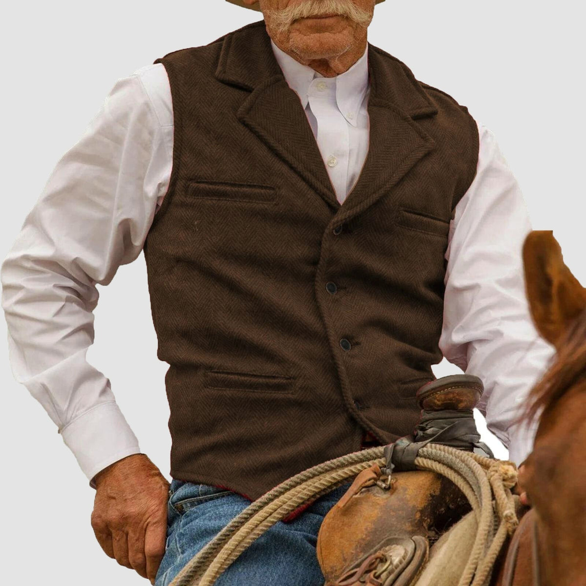 Men's Vintage Vest with Herringbone Pattern - Button Placket, Notched Lapel