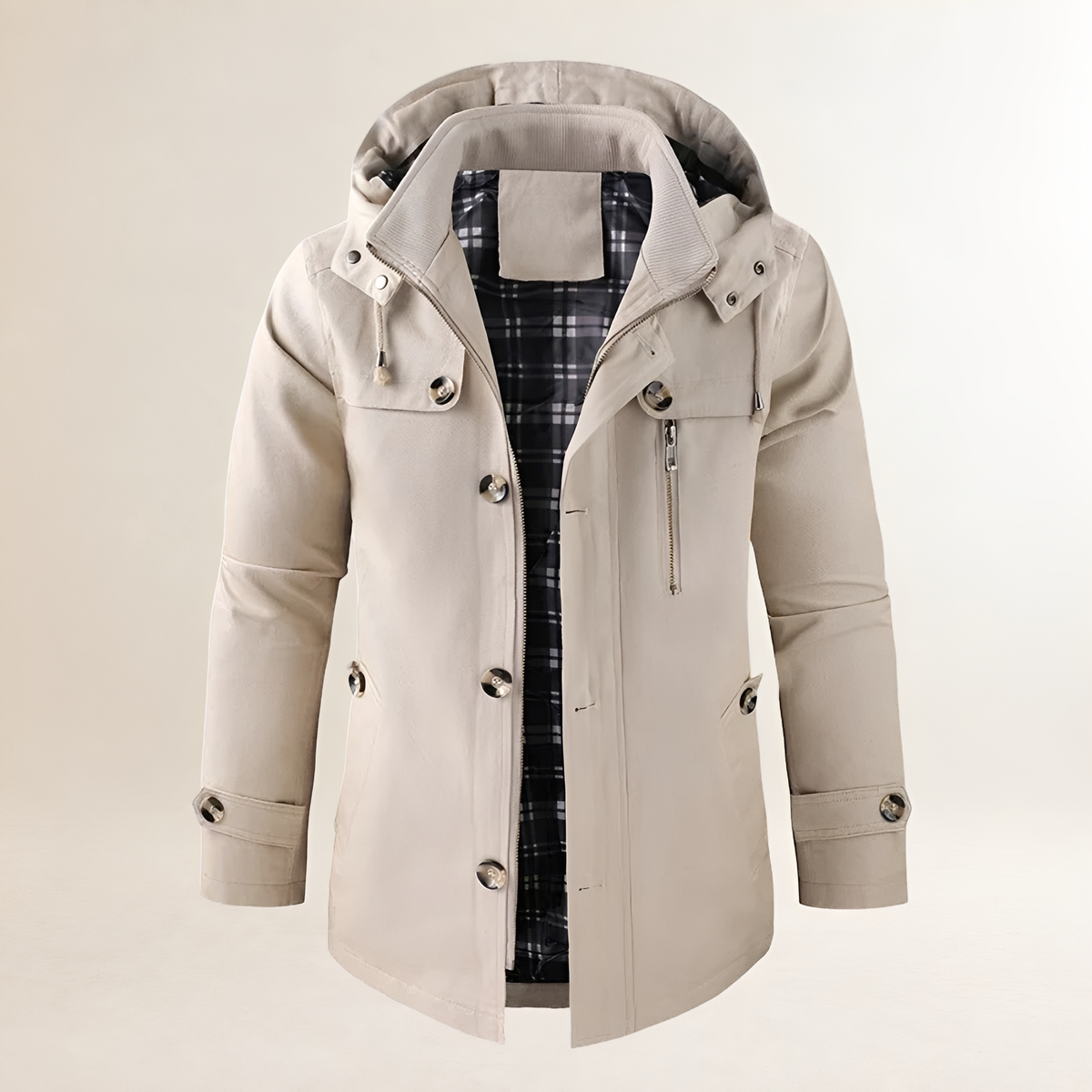 Men's Coat with Hood, Button Closure and Multiple Pockets - Long Sleeve, Regular Fit
