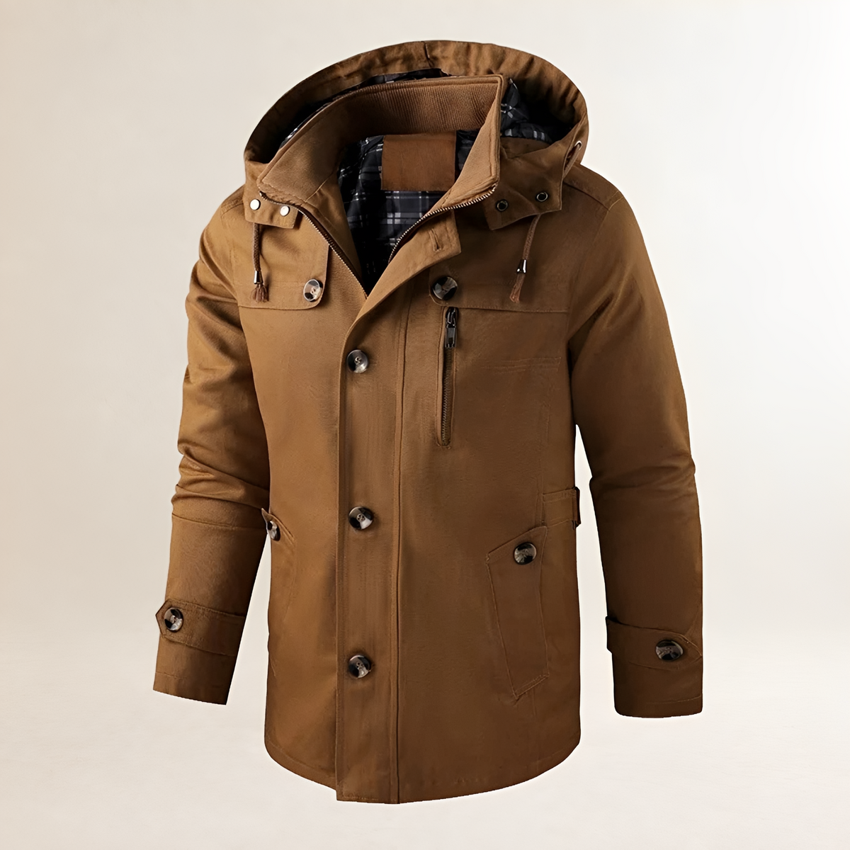 Men's Coat with Hood, Button Closure and Multiple Pockets - Long Sleeve, Regular Fit