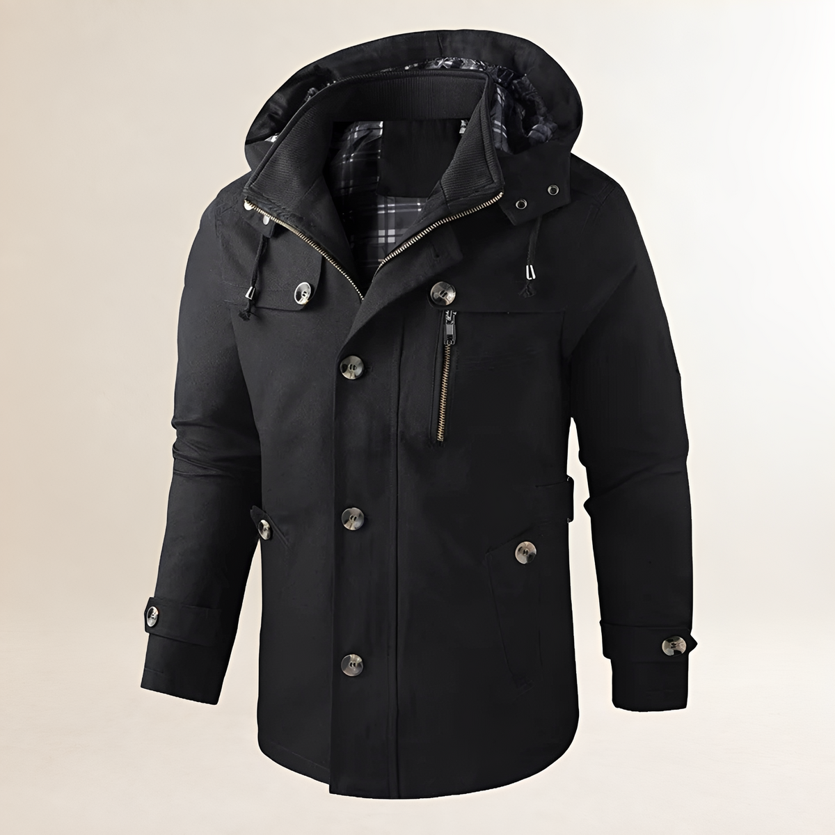 Men's Coat with Hood, Button Closure and Multiple Pockets - Long Sleeve, Regular Fit