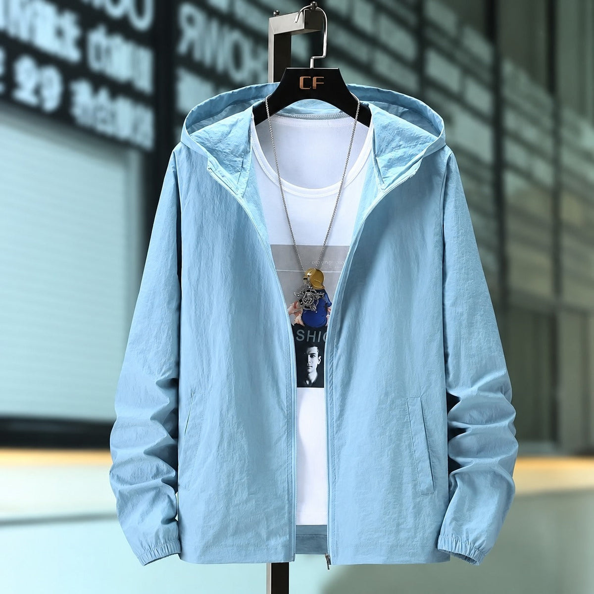 Men's Hooded Jacket made of Lightweight Material - Breathable, Zipper, Adjustable Hood