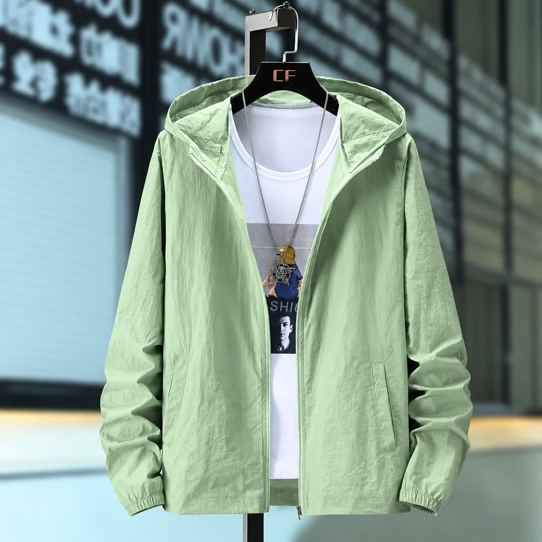 Men's Hooded Jacket made of Lightweight Material - Breathable, Zipper, Adjustable Hood