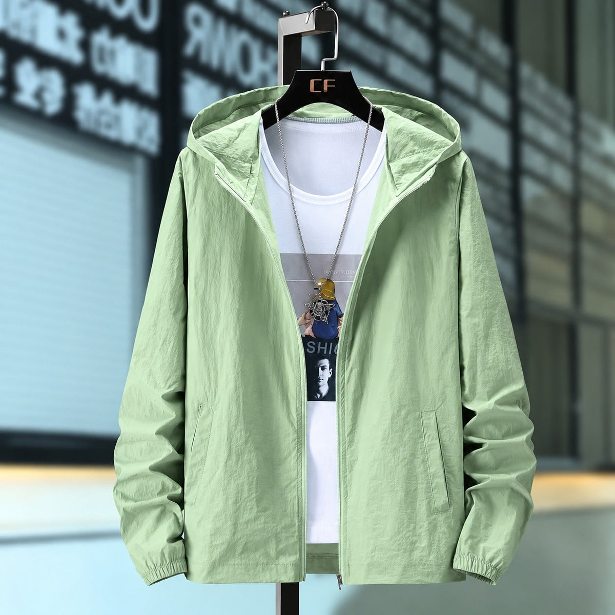 Men's Hooded Jacket made of Lightweight Material - Breathable, Zipper, Adjustable Hood