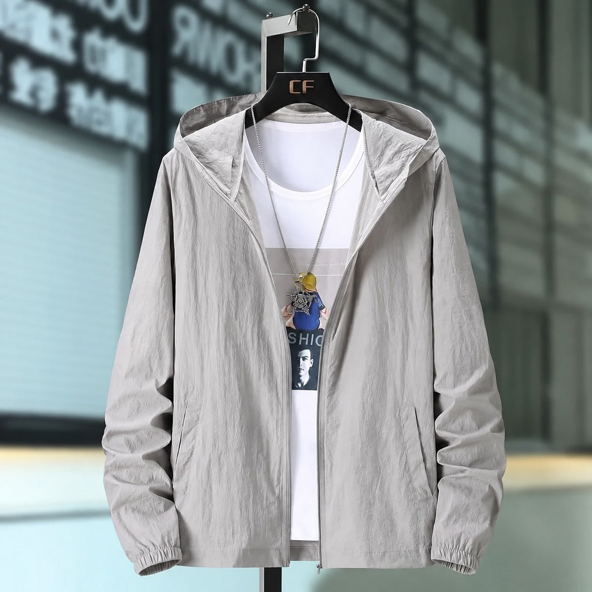 Men's Hooded Jacket made of Lightweight Material - Breathable, Zipper, Adjustable Hood