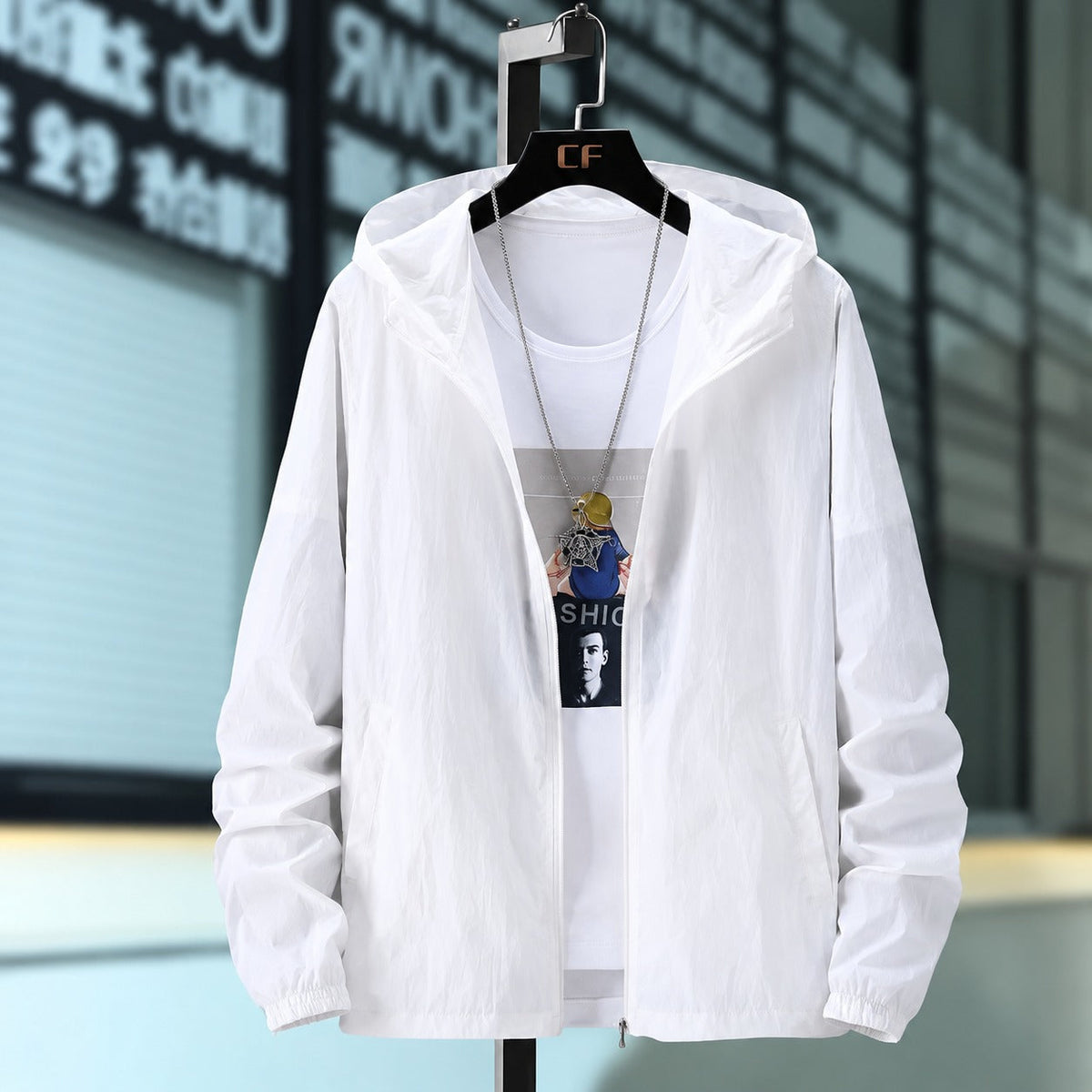 Men's Hooded Jacket made of Lightweight Material - Breathable, Zipper, Adjustable Hood