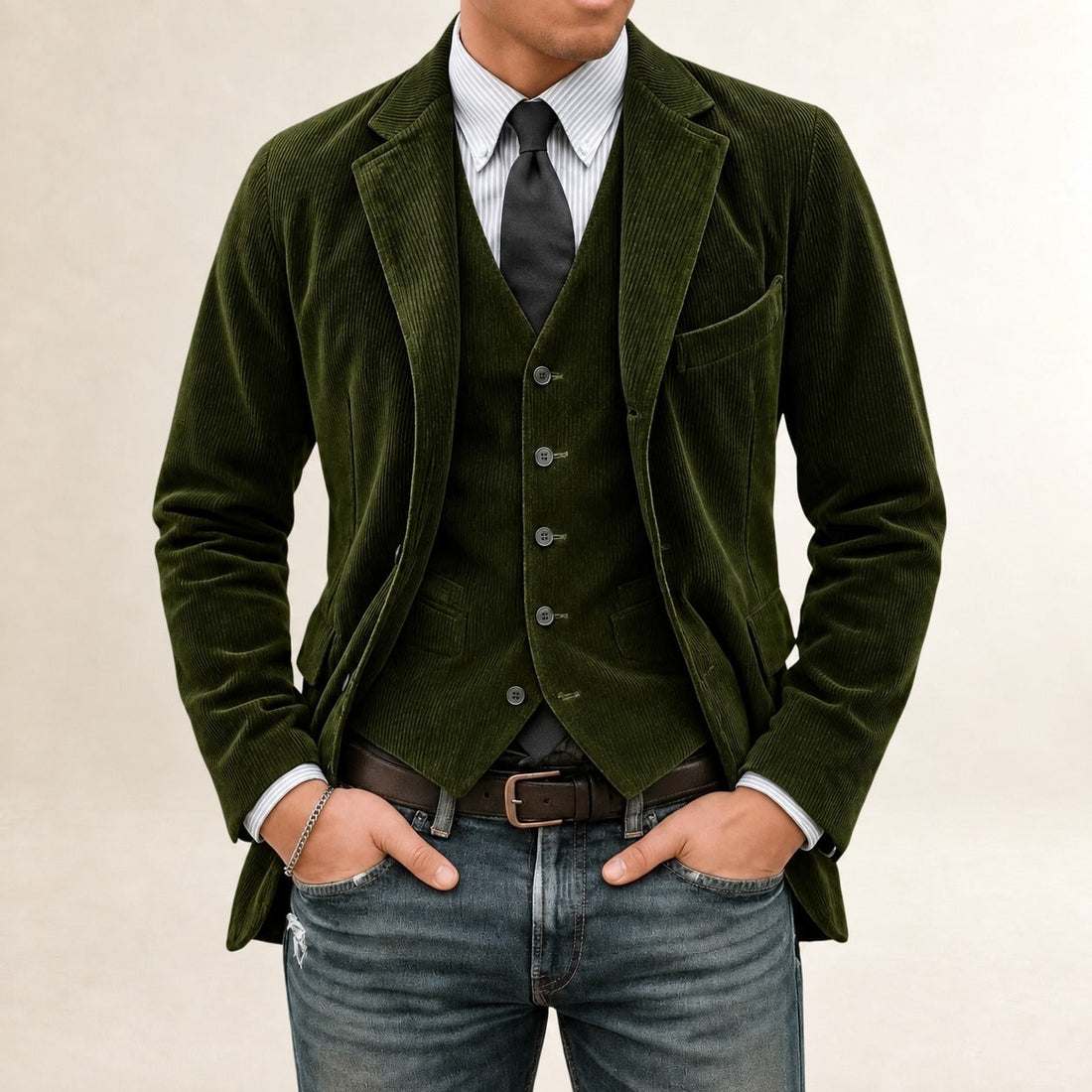 Men's Suit Set - Blazer and Vest with Button Closure and Slim Fit