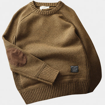 Men's Sweater with Elbow Patches Crew Neck Ribbed Cuffs