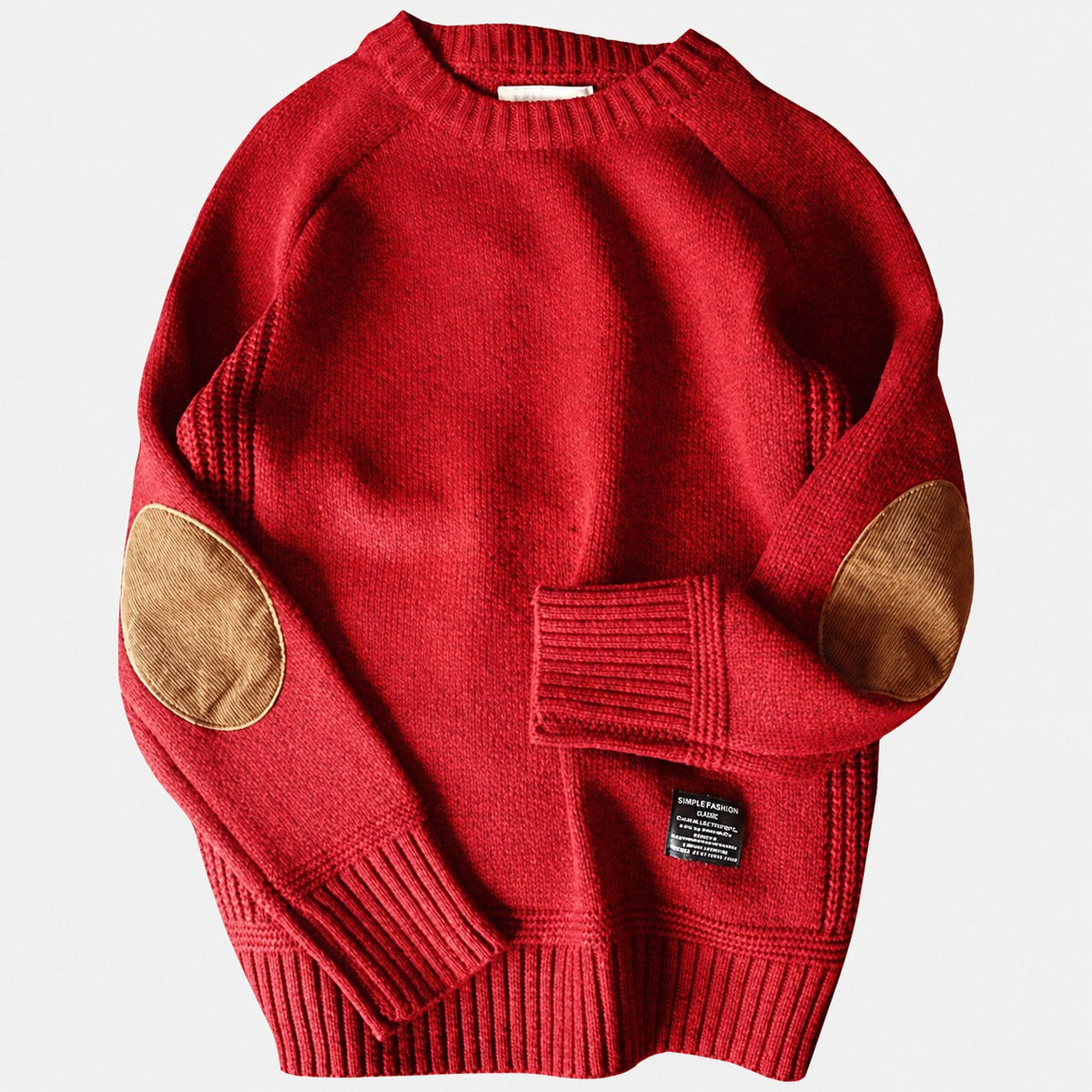 Men's Sweater with Elbow Patches Crew Neck Ribbed Cuffs
