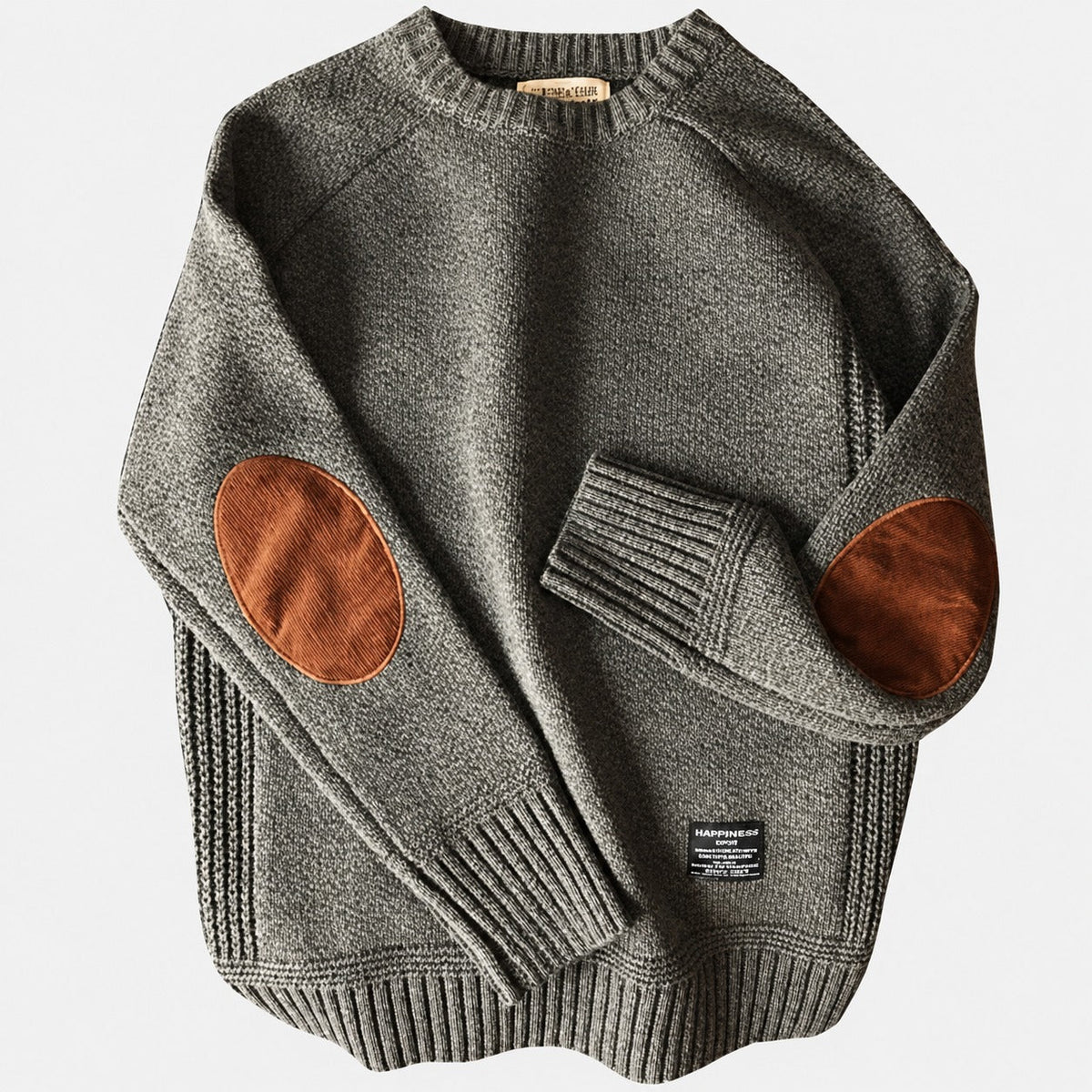 Men's Sweater with Elbow Patches Crew Neck Ribbed Cuffs