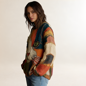 Oversized Sweater for Women - Artistic Cat Motif with Colorful Pattern